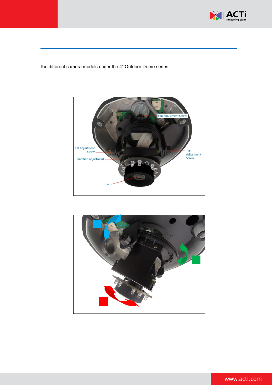 Focus and viewing angle adjustments, D7x / e7x series, E 24 | ACTi Outdoor Dome on Tilted Wall User Manual | Page 24 / 31