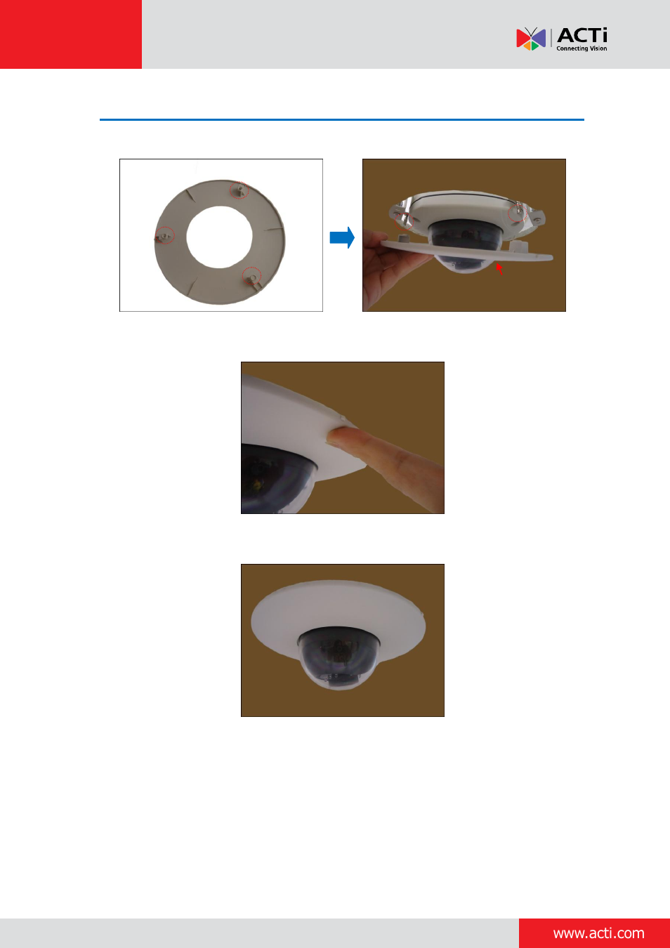 Step 11: attach the mount cover | ACTi Outdoor Dome on Dropped Ceiling with Flush Mount User Manual | Page 18 / 34