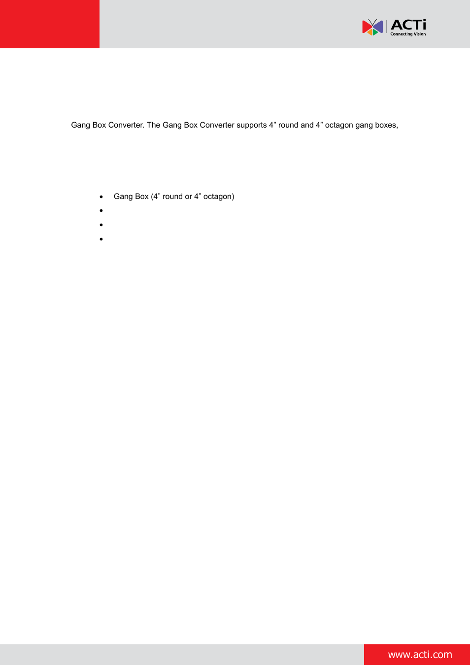 Installation procedures | ACTi Indoor Mini Dome and Mini Fisheye Dome on Tilted Wall with Gang Box User Manual | Page 3 / 21