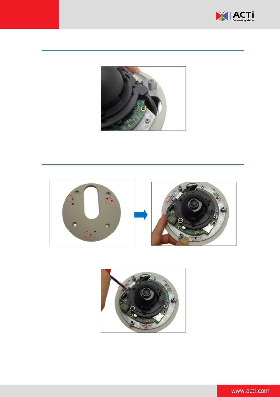 Step 3: connect the network cable, Step 4: install the camera | ACTi Indoor Mini Dome and Mini Fisheye Dome on Tilted Wall with Gang Box User Manual | Page 6 / 21