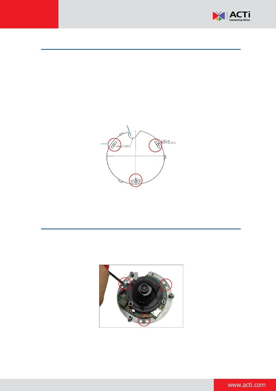 Step 2: route the network cable, Step 3: install the camera on the surface | ACTi Indoor Mini Dome and Mini Fisheye Dome on Tilted Wall User Manual | Page 4 / 19