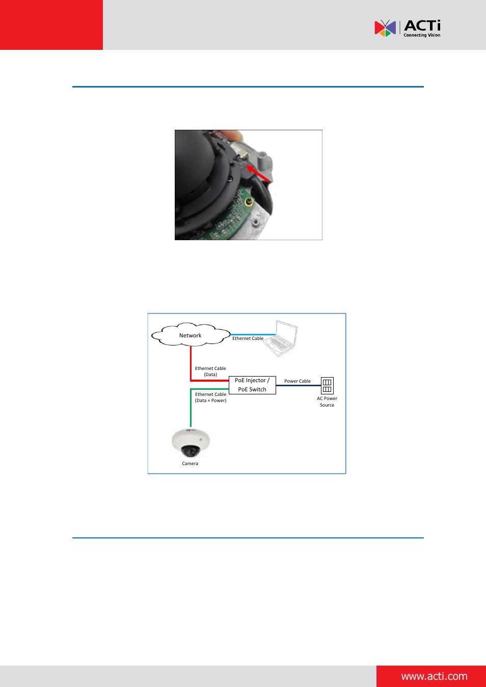 Step 4: connect the cable, Step 5: access the camera live view, Installation guide | ACTi Indoor Mini Dome and Mini Fisheye Dome on Tilted Wall User Manual | Page 5 / 19