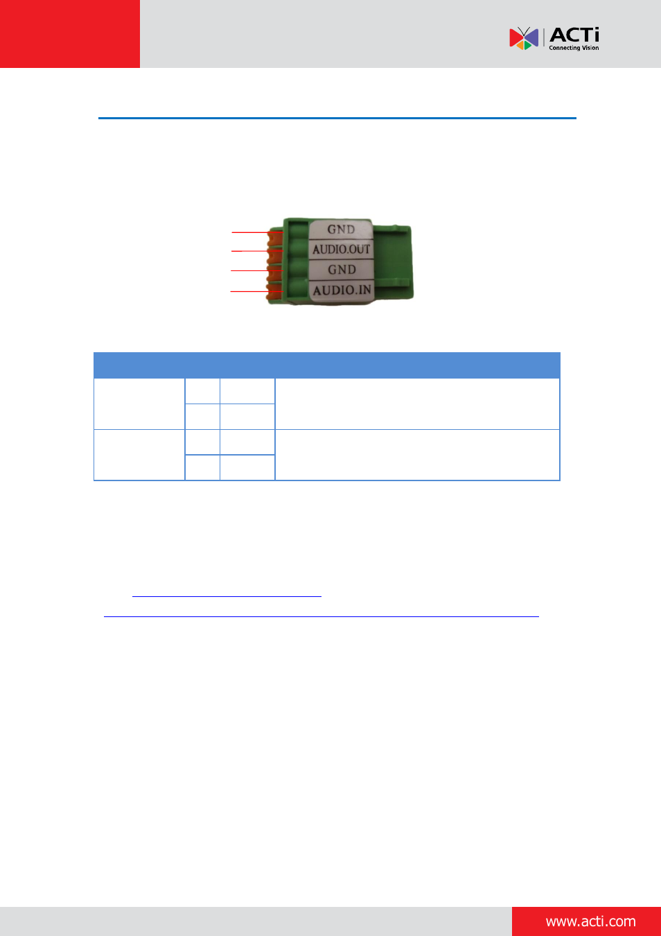 How to connect audio devices (optional), E 22, Installation guide | ACTi Indoor Dome (B6x) on Tilted Wall User Manual | Page 22 / 25
