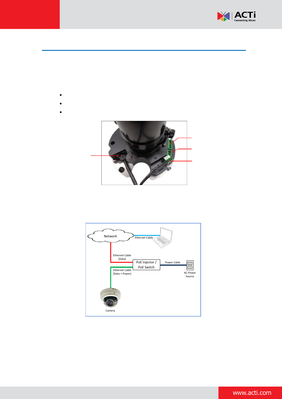 Step 4: connect the cable(s), Installation guide | ACTi Indoor Dome (B6x) on Tilted Wall User Manual | Page 6 / 25