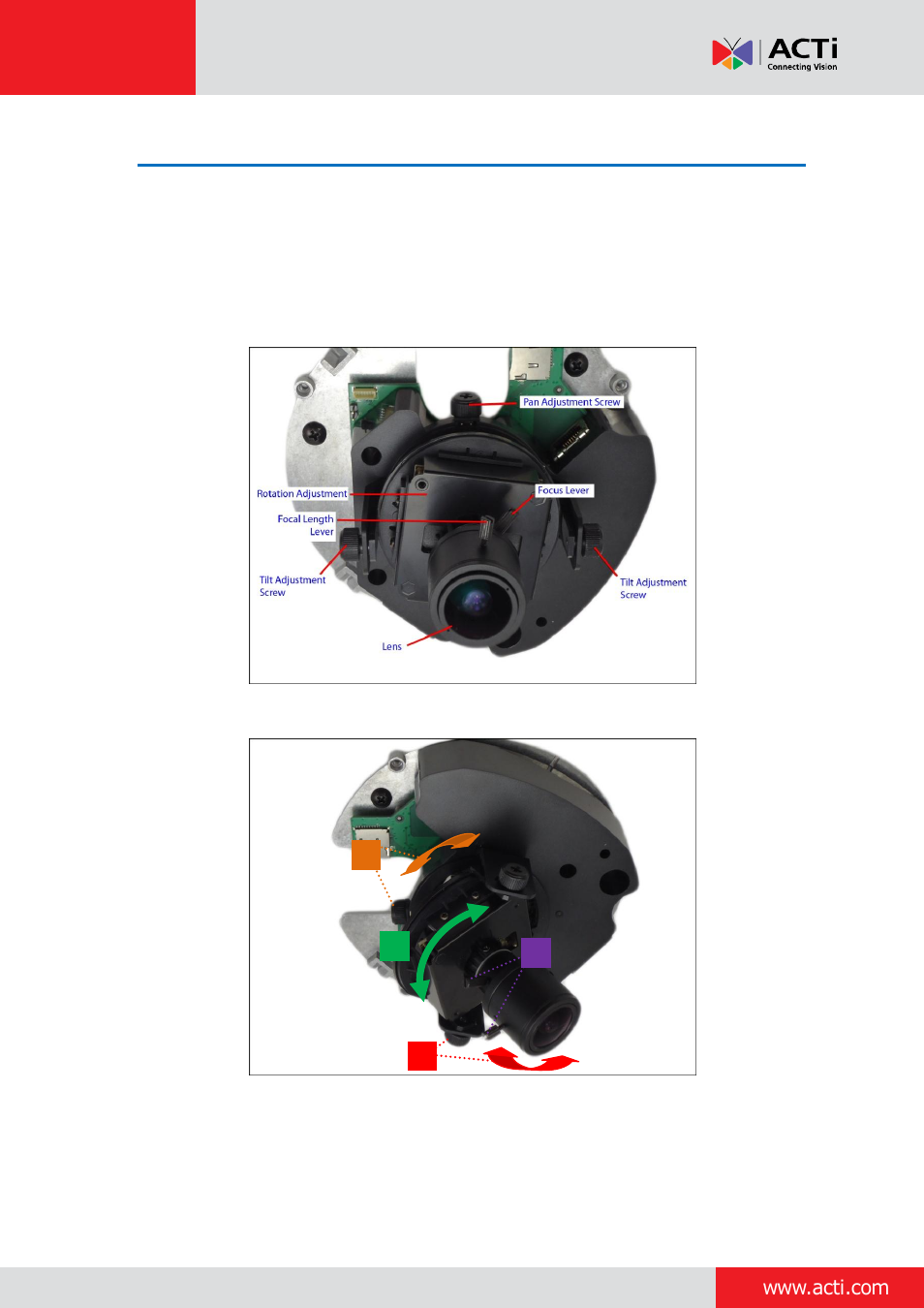 How to adjust the camera viewing angle and focus, D61, d62, e66, e67 camera models, How to adjust the camera viewing angle and | Focus, E 17 | ACTi Indoor Dome on Tilted Wall User Manual | Page 17 / 22