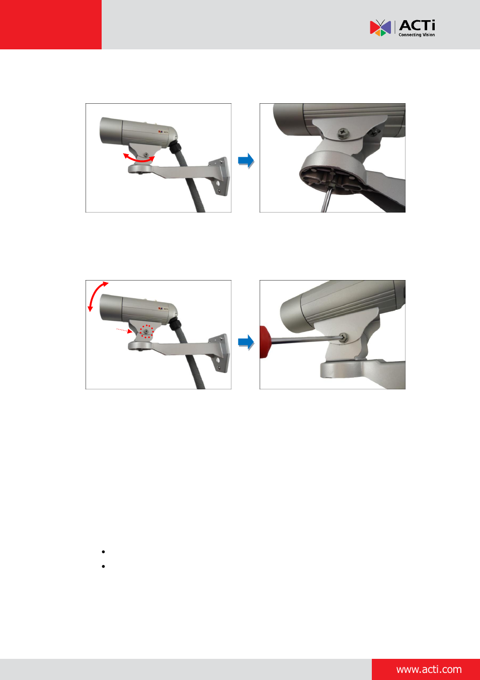 Step 7: connect the camera to the network, Step 8: access the camera live view, Step 9: adjust the viewing angle and focus | Step 10: attach the sunshield | ACTi Bullet Camera on Straight Wall with Bundled Bracket User Manual | Page 34 / 56