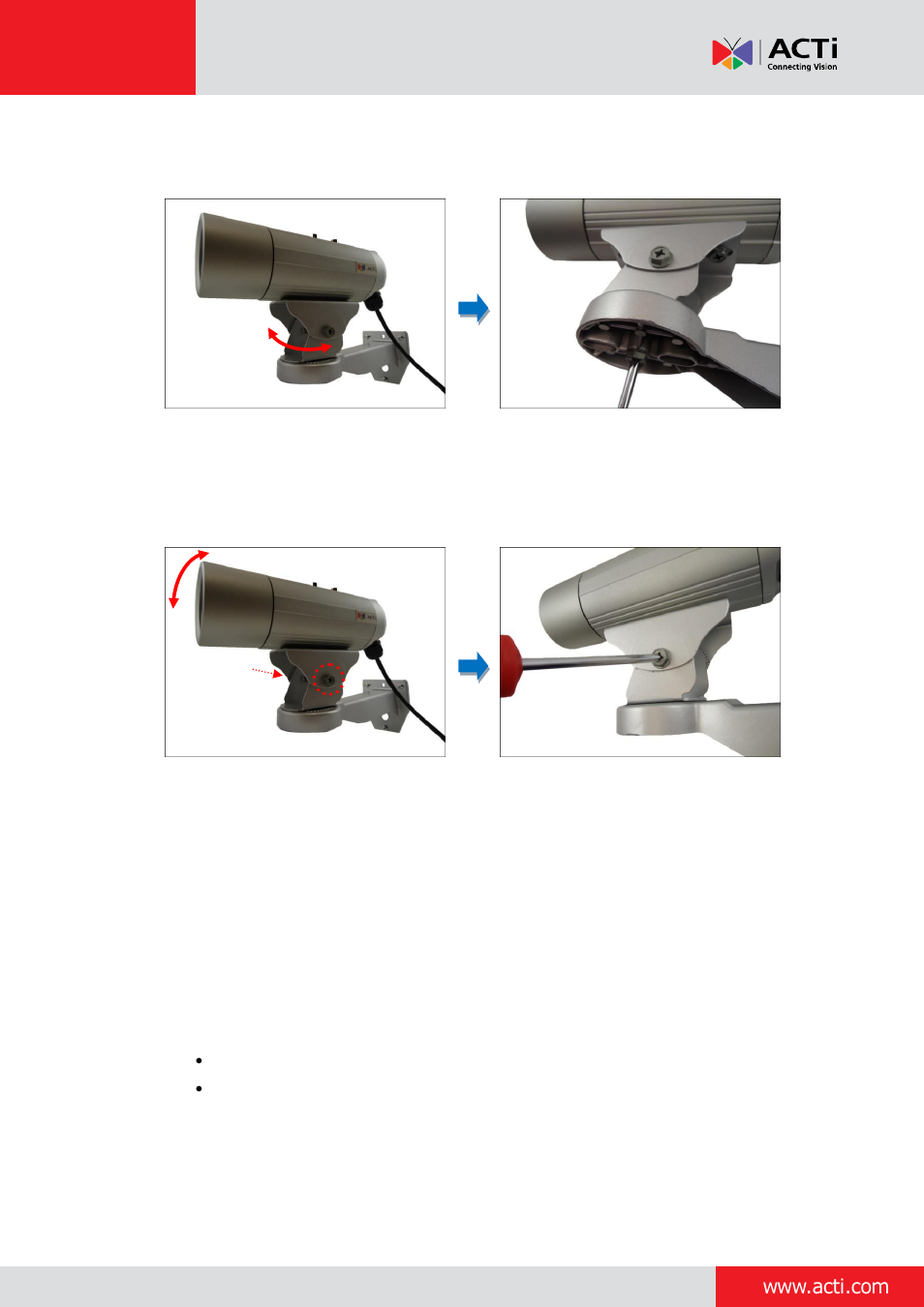 Step 5: connect the camera to the network, Step 6: access the camera live view, Step 7: adjust the viewing angle and focus | Step 8: attach the sunshield | ACTi Bullet Camera on Straight Wall with Bundled Bracket User Manual | Page 41 / 56