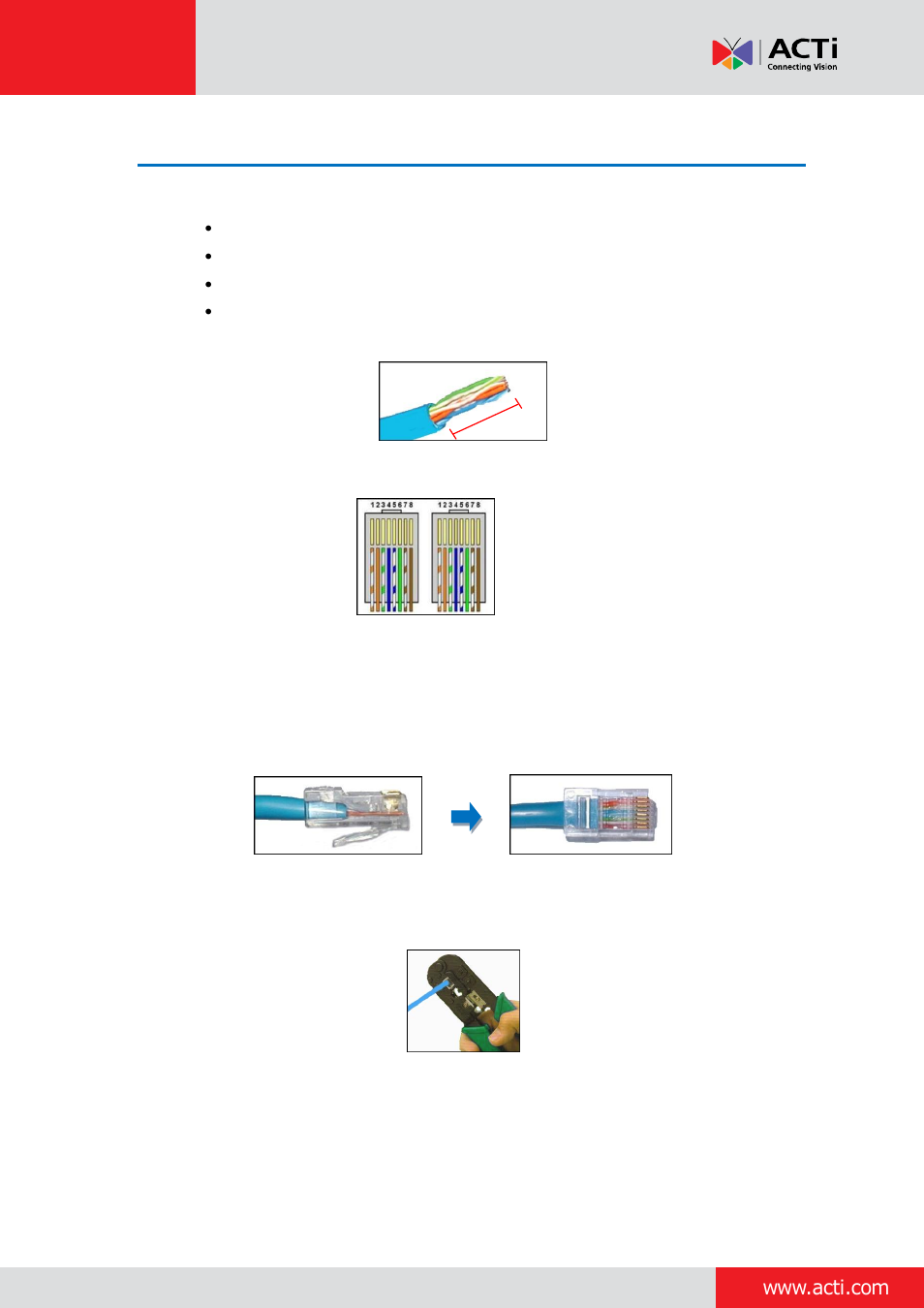 How to make an ethernet cable, Installation guide | ACTi Bullet Camera on Straight Wall with Bundled Bracket User Manual | Page 54 / 56