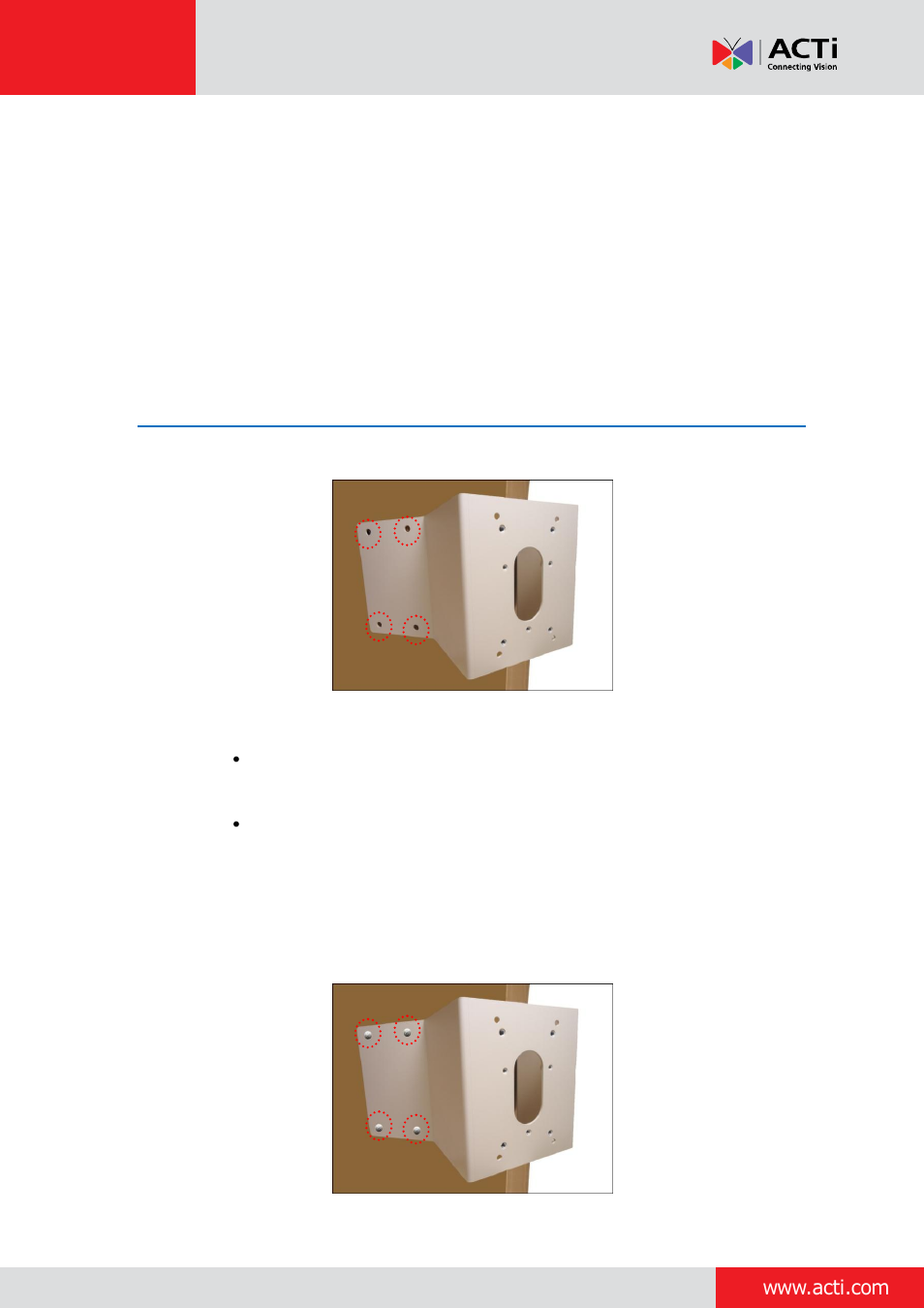 Step 1: attach the corner mount, Corner mount with heavy, Duty and mount kit | Installation procedures | ACTi Indoor PTZ on Corner Wall with Accessory Sets of PMAX-0305 User Manual | Page 4 / 12