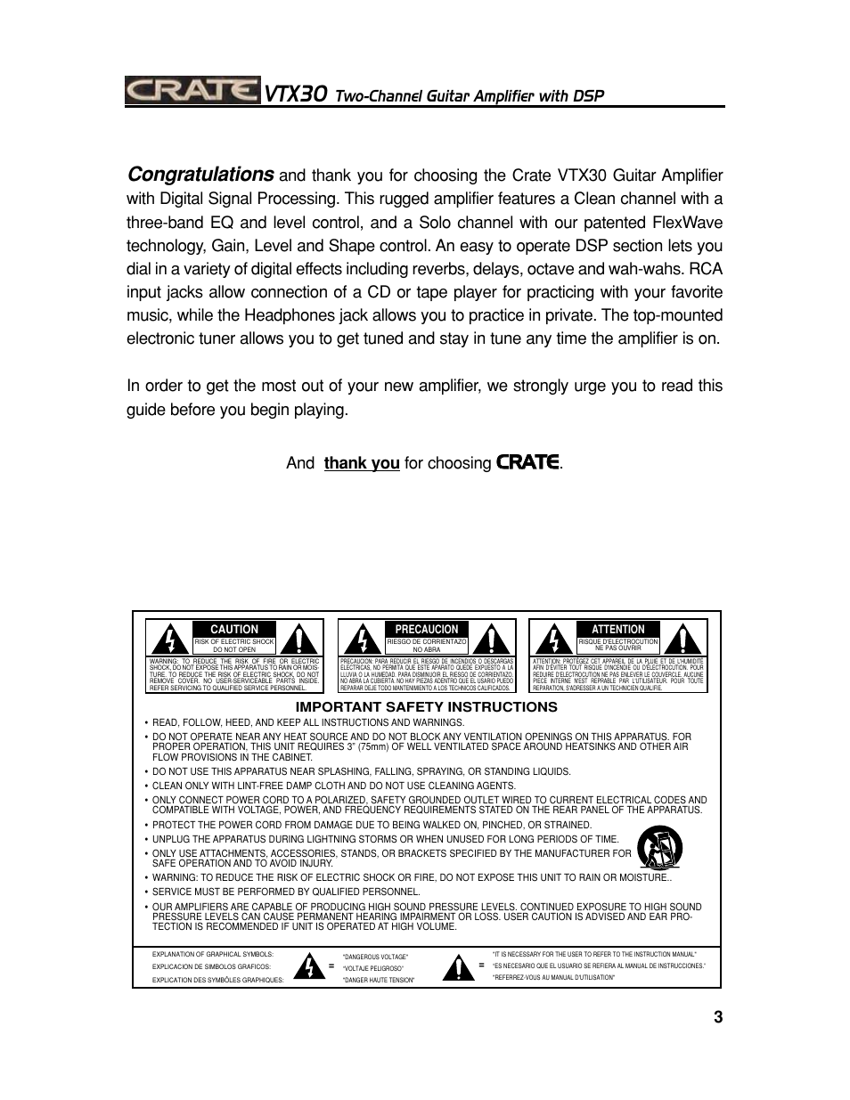 Vtx30, Ccr ra at te e, Two-channel guitar amplifier with dsp | Crate Amplifiers VTX30 User Manual | Page 3 / 8