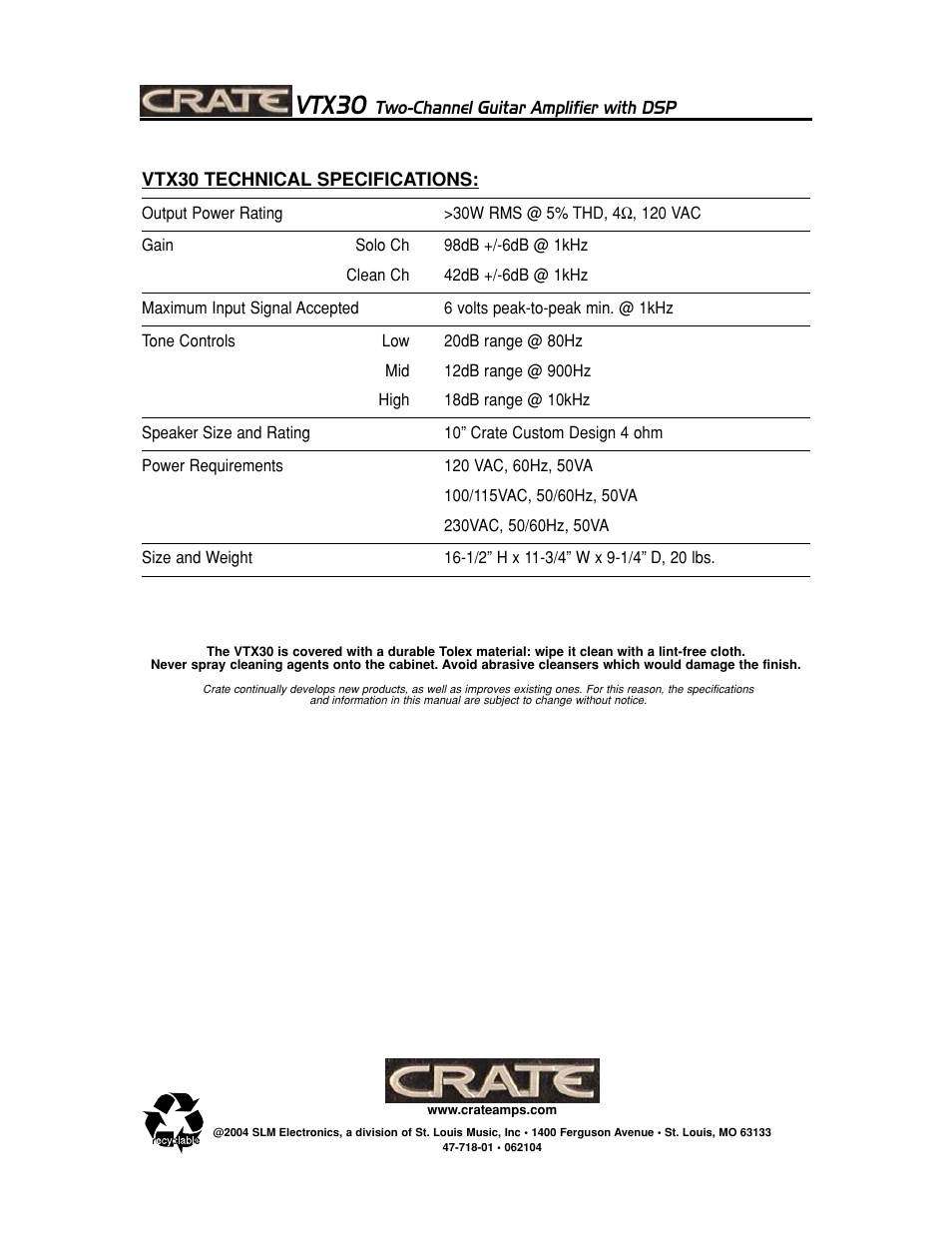 Vtx30 | Crate Amplifiers VTX30 User Manual | Page 8 / 8