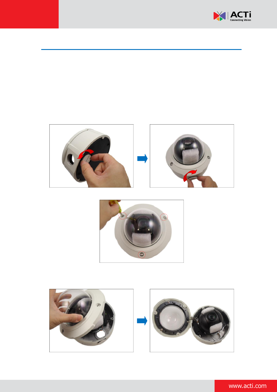 Step 2: open the dome cover | ACTi Outdoor Mini PTZ Dome on Dropped Ceiling User Manual | Page 4 / 28