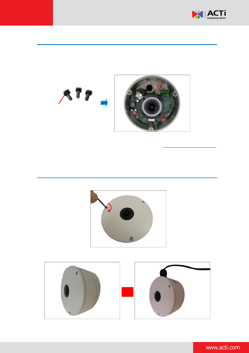 Step 5: install the camera to the tilted mount, Step 6: close the cover, Installation guide | ACTi Outdoor Hemispheric / Fisheye Dome on Straight Wall with Tilted Mount User Manual | Page 14 / 23