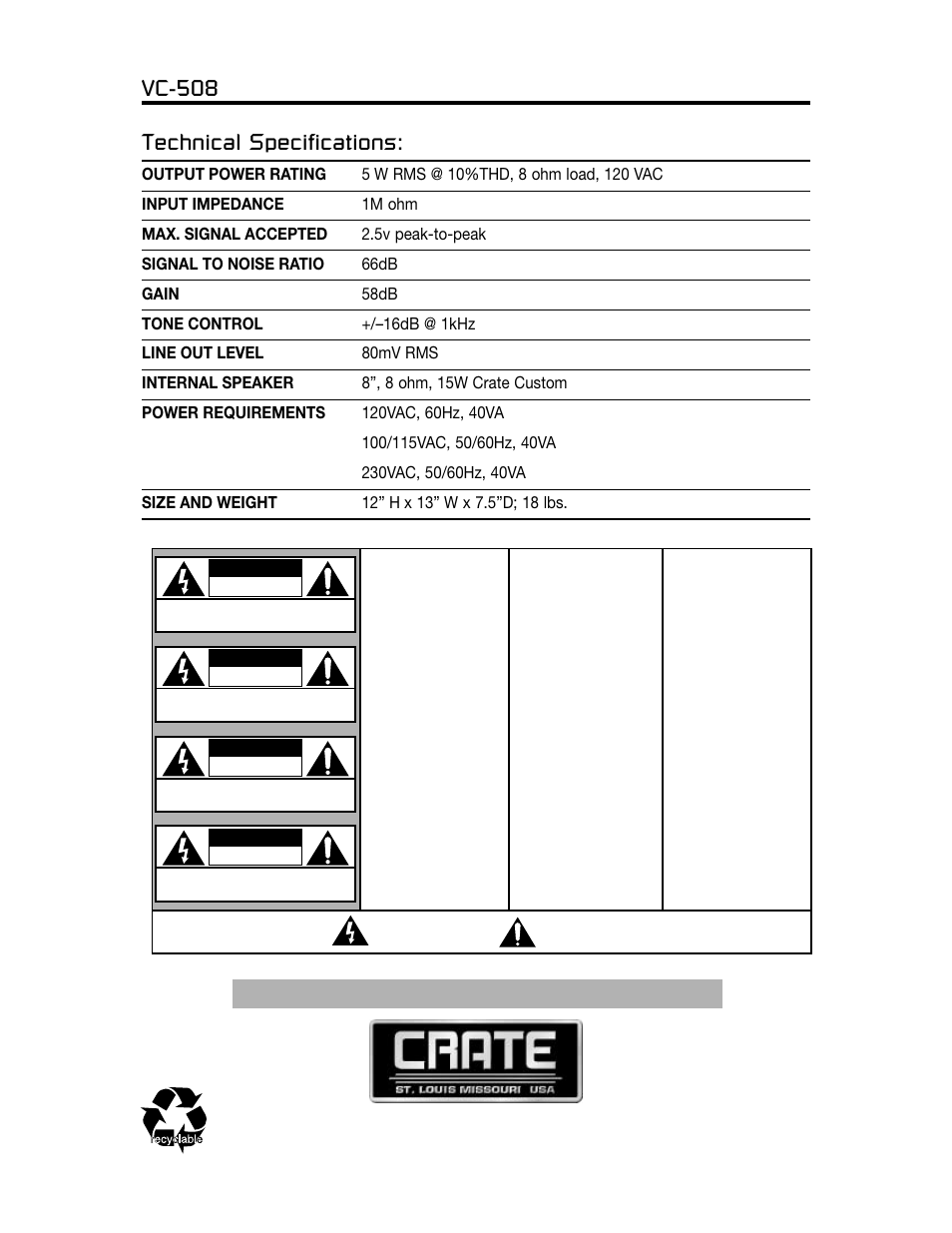 Vc-508 technical specifications | Crate Amplifiers VC-508 User Manual | Page 4 / 4