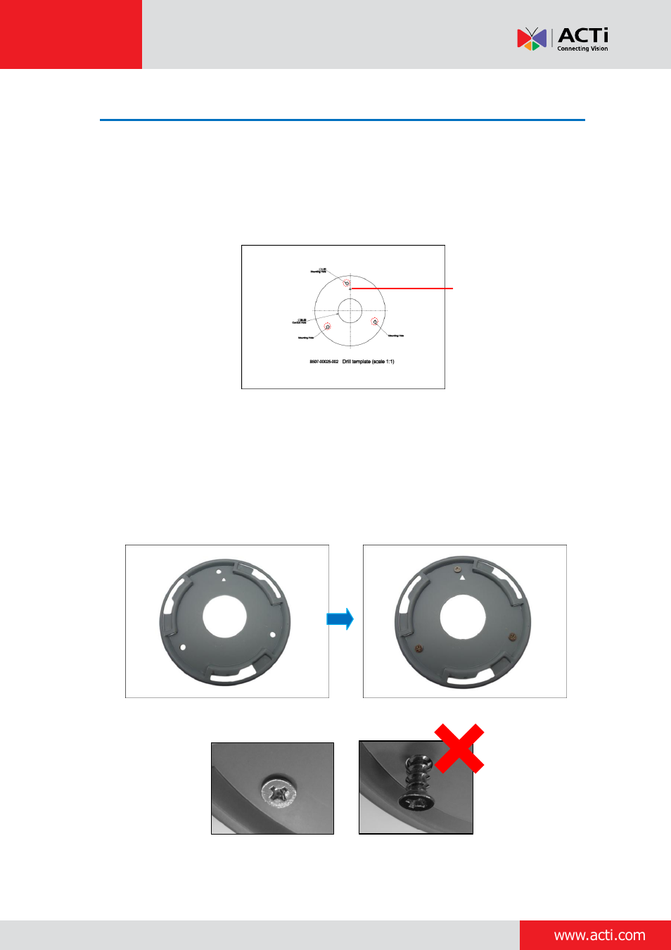 Step 2: attach the mounting plate, Installation guide | ACTi Indoor Dome (D5xE5x) on Dropped Ceiling User Manual | Page 4 / 21