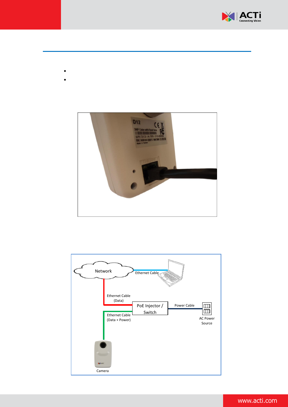 Step 3: connect the camera, Installation guide | ACTi Cube Camera on Straight Wall with Bundled Bracket User Manual | Page 6 / 17