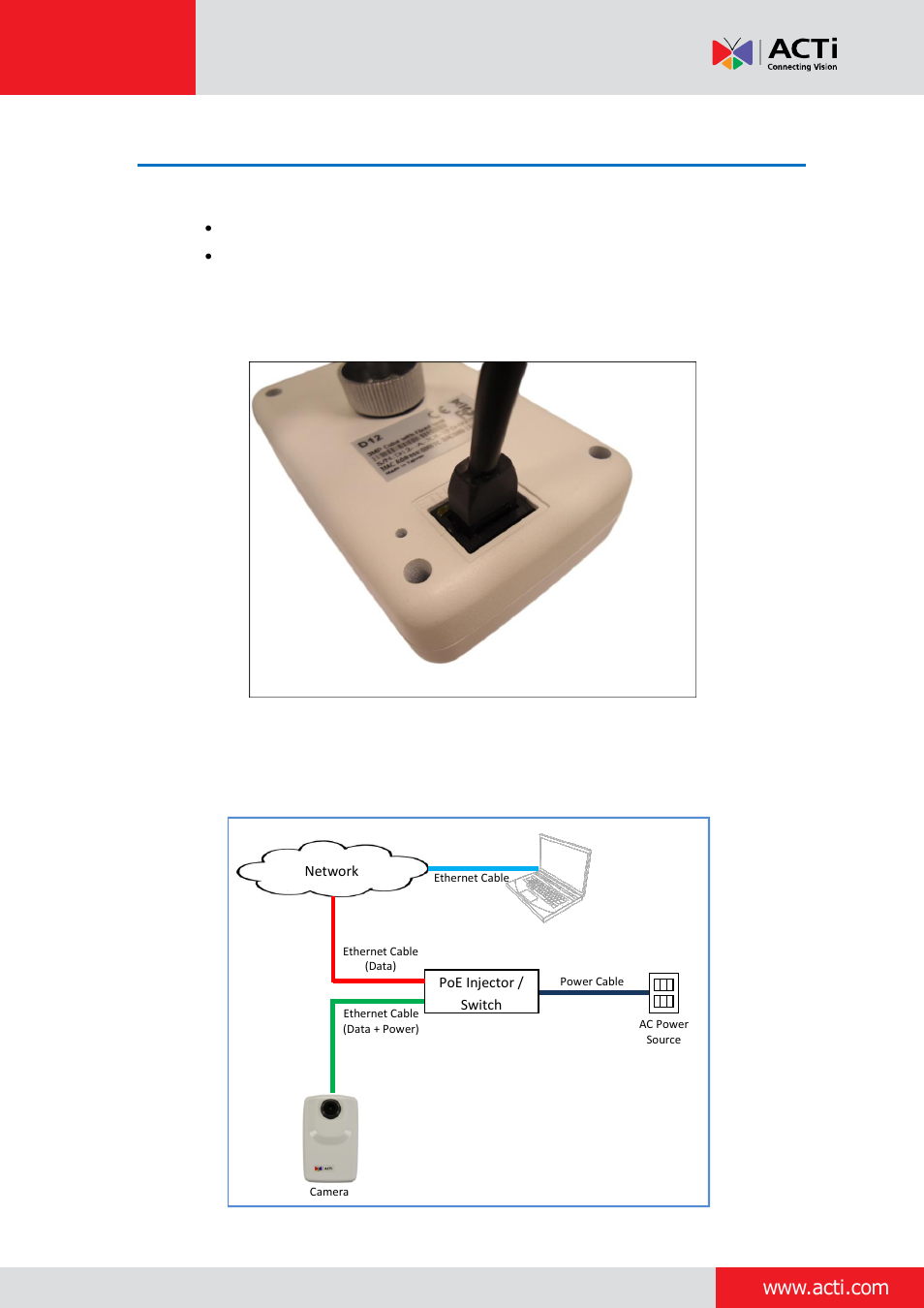 Step 3: connect the camera, Installation guide | ACTi Cube Camera on Ceiling with Bundled Bracket User Manual | Page 6 / 17