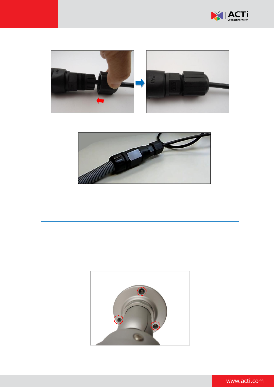 Step 5: install the camera | ACTi Bullet Camera (E44~E46) on Tilted Wall with Integrated Bracket User Manual | Page 22 / 35