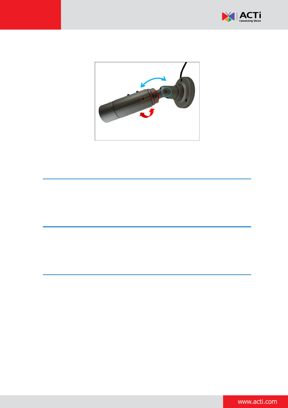 Step 6: access the camera live view, Step 7: adjust the viewing angle and focus, Step 8: attach the sunshield | ACTi Bullet Camera (E44~E46) on Tilted Wall with Integrated Bracket User Manual | Page 23 / 35