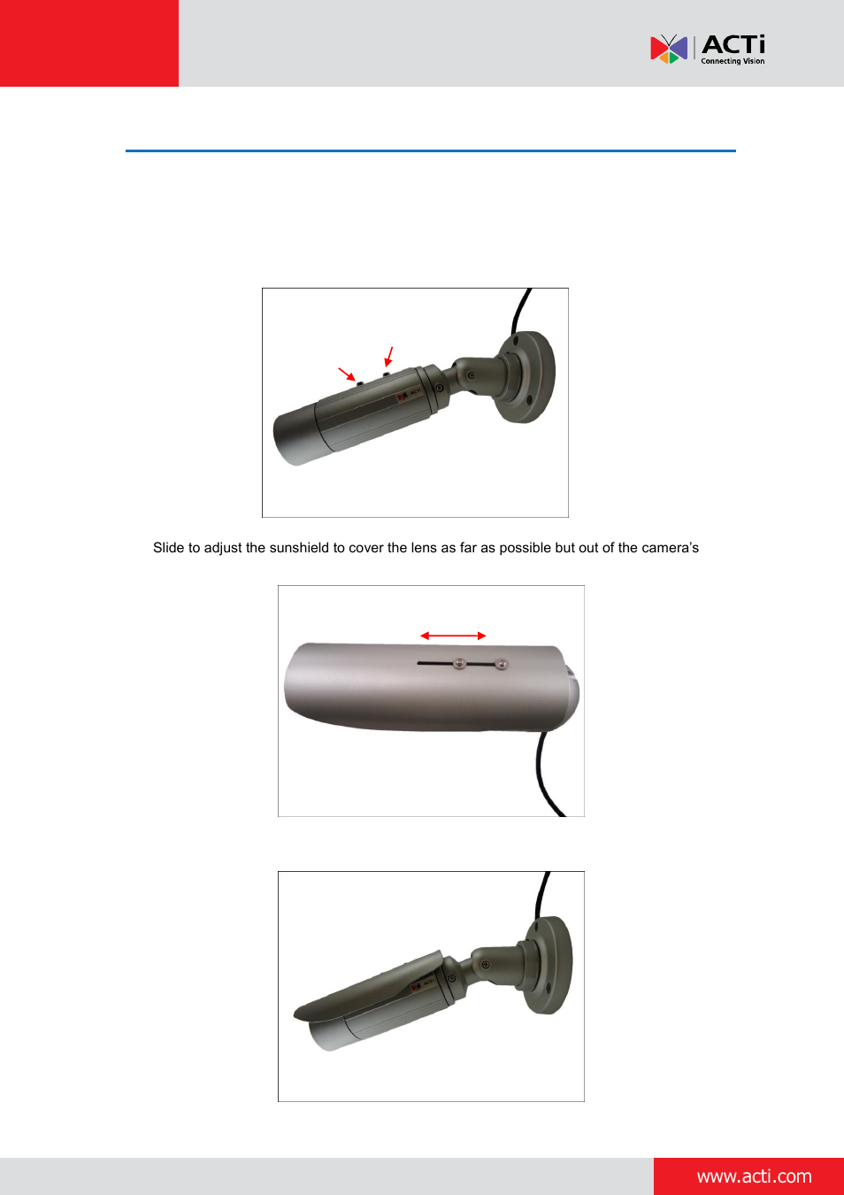 How to attach the sunshield | ACTi Bullet Camera (E44~E46) on Tilted Wall with Integrated Bracket User Manual | Page 33 / 35