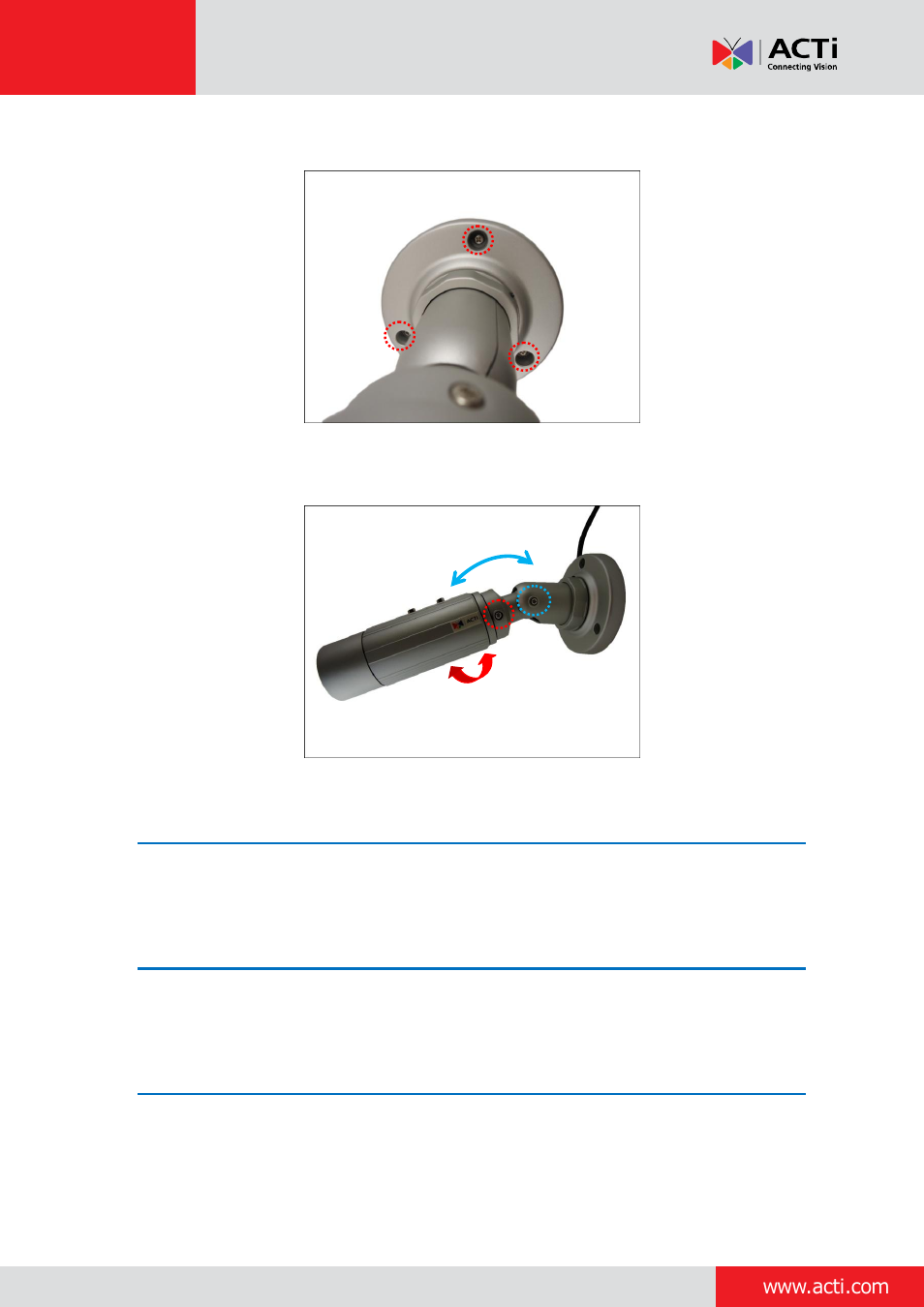 Step 3: access the camera live view, Step 4: adjust the viewing angle and focus, Step 5: attach the sunshield | ACTi Bullet Camera (E44~E46) on Tilted Wall with Integrated Bracket User Manual | Page 7 / 35