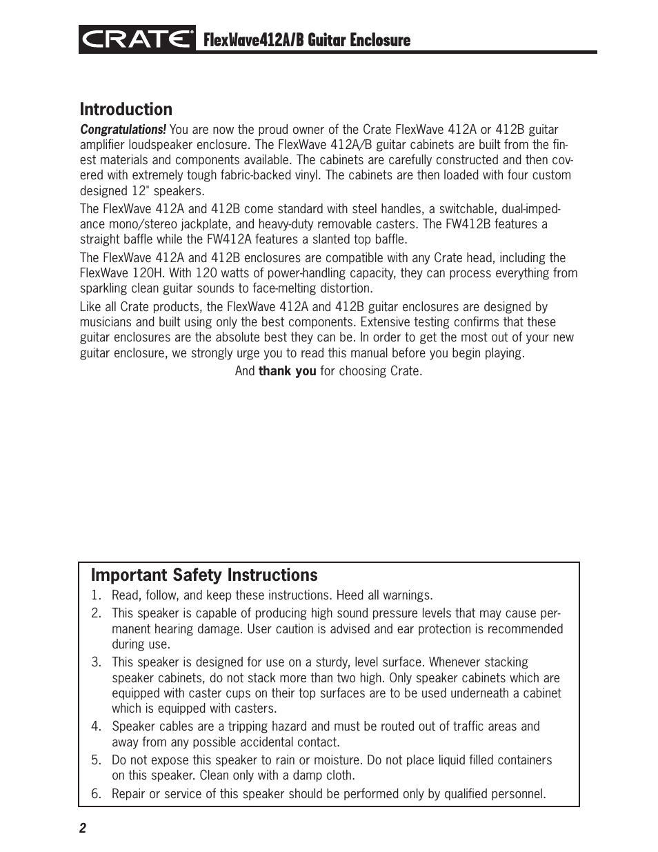 Flexwave412a/b guitar enclosure, Introduction, Important safety instructions | Crate Amplifiers 412B User Manual | Page 2 / 4