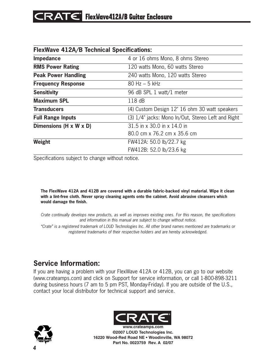 Flexwave412a/b guitar enclosure, Service information | Crate Amplifiers 412B User Manual | Page 4 / 4