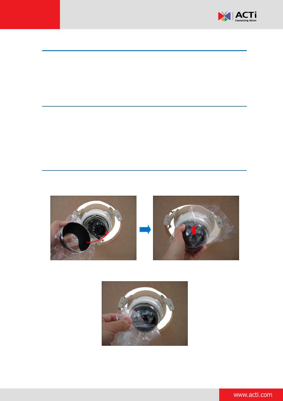 Step 7: access the camera live view, Step 8: adjust the viewing angle and focus, Step 9: close the dome cover | ACTi Indoor Dome (D5xE5x) on Dropped Ceiling with Flush Mount User Manual | Page 10 / 23