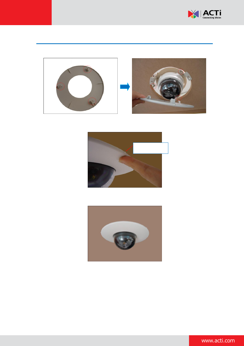 Step 10: attach the mount cover | ACTi Indoor Dome (D5xE5x) on Dropped Ceiling with Flush Mount User Manual | Page 11 / 23