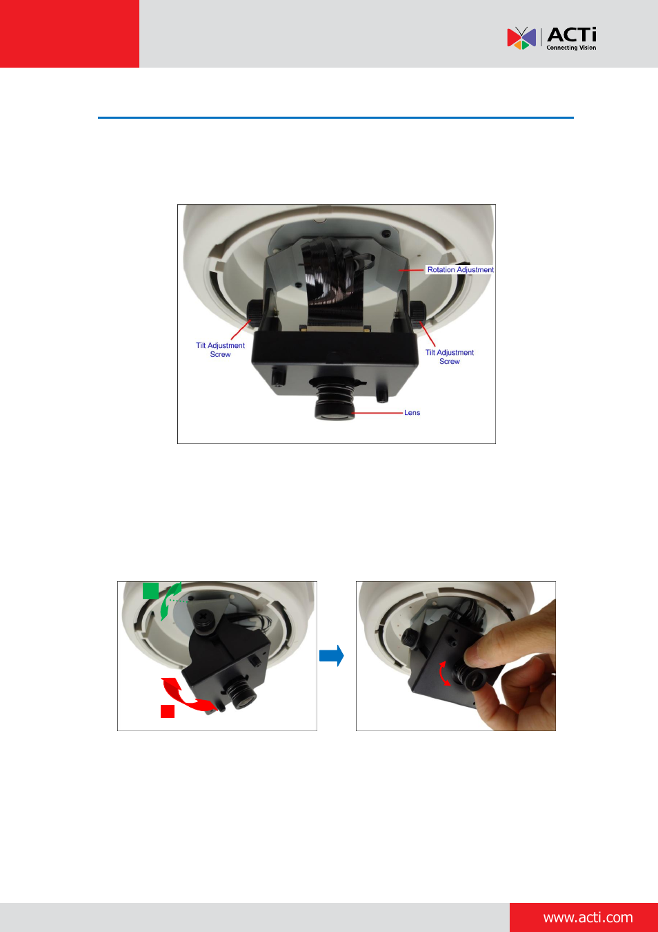 How to adjust focus and viewing angle, D51 / d52 / e51 | ACTi Indoor Dome (D5xE5x) on Dropped Ceiling with Flush Mount User Manual | Page 20 / 23