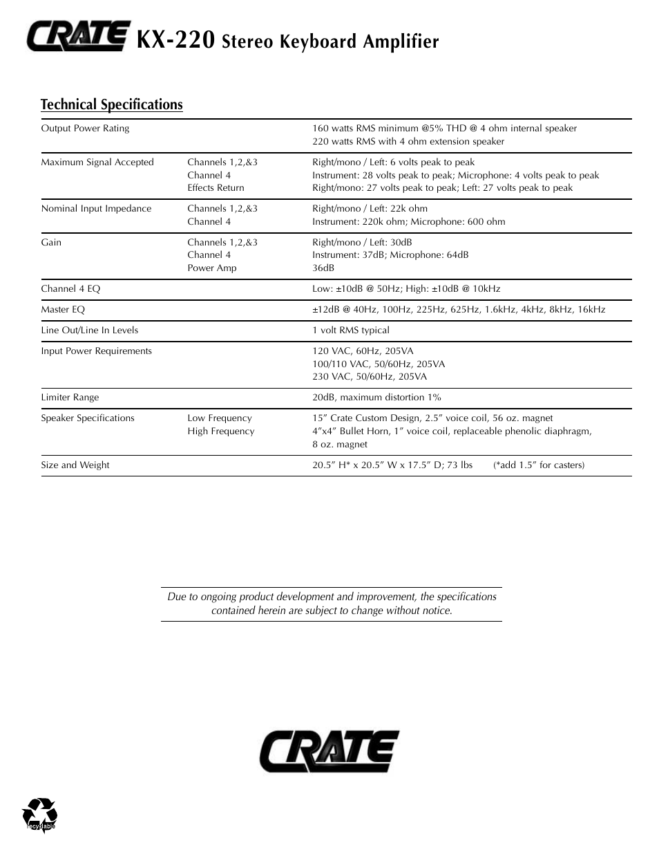 Kx-220, Stereo keyboard amplifier, Technical specifications | Crate Amplifiers KX-220 User Manual | Page 8 / 8