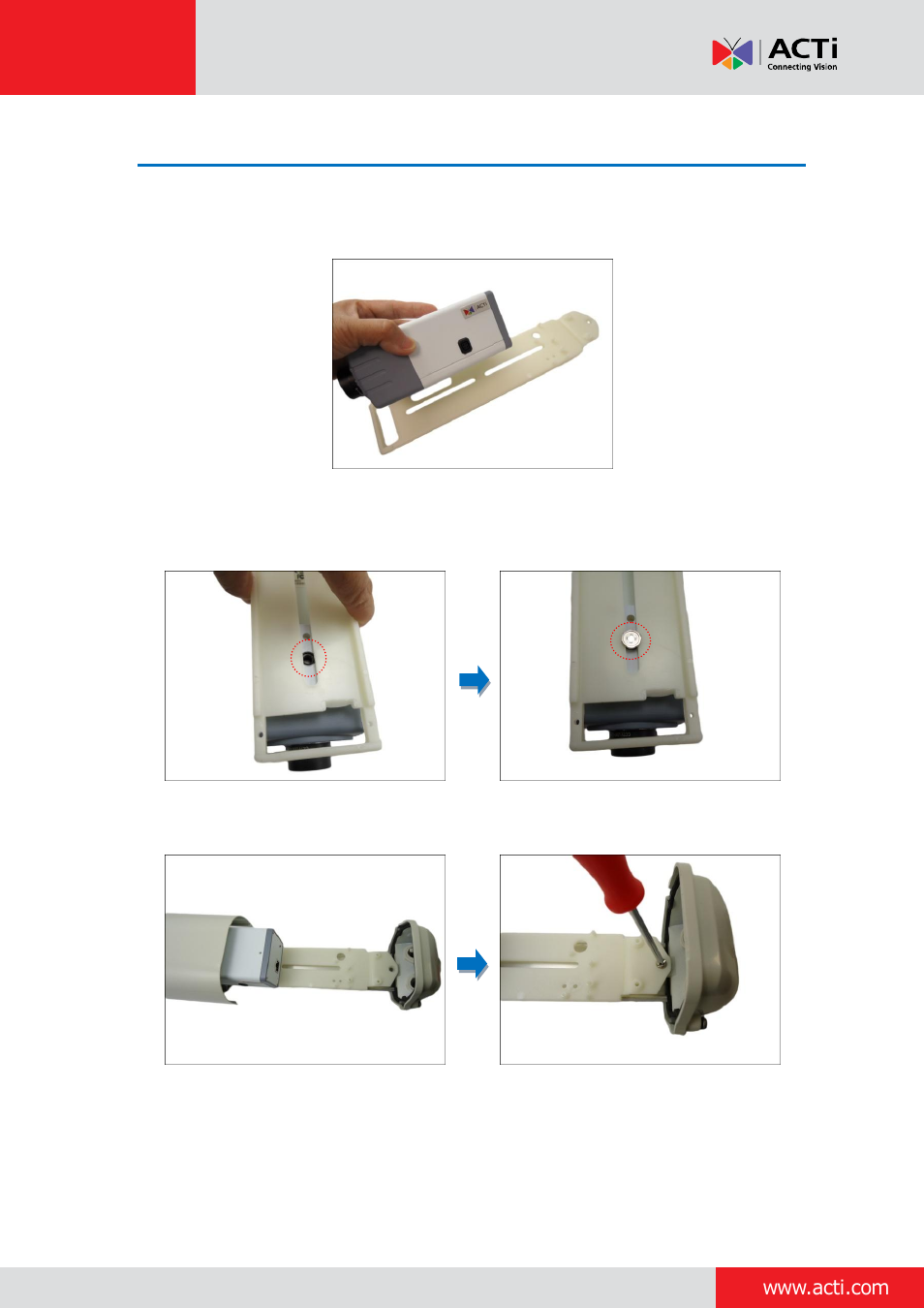 Step 5: attach the camera to the tray | ACTi Indoor Box Camera with Outdoor Housing on Vertical Pole User Manual | Page 26 / 44