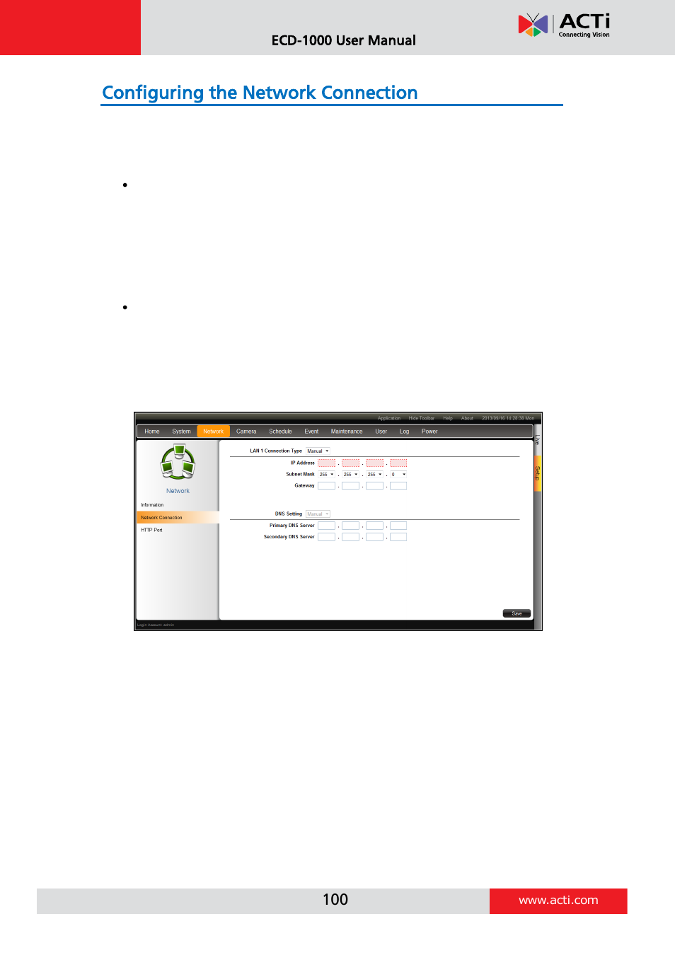 Configuring the network connection, Setting the ip address manually | ACTi ECD-1000 User Manual | Page 100 / 135