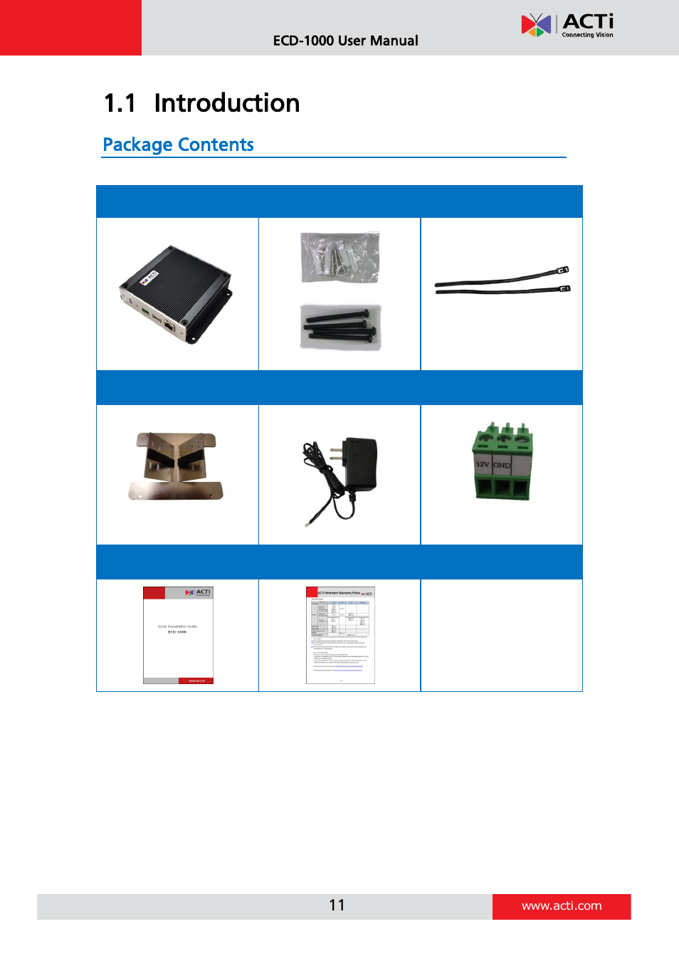 Introduction, Package contents, 1 introduction | ACTi ECD-1000 User Manual | Page 11 / 135