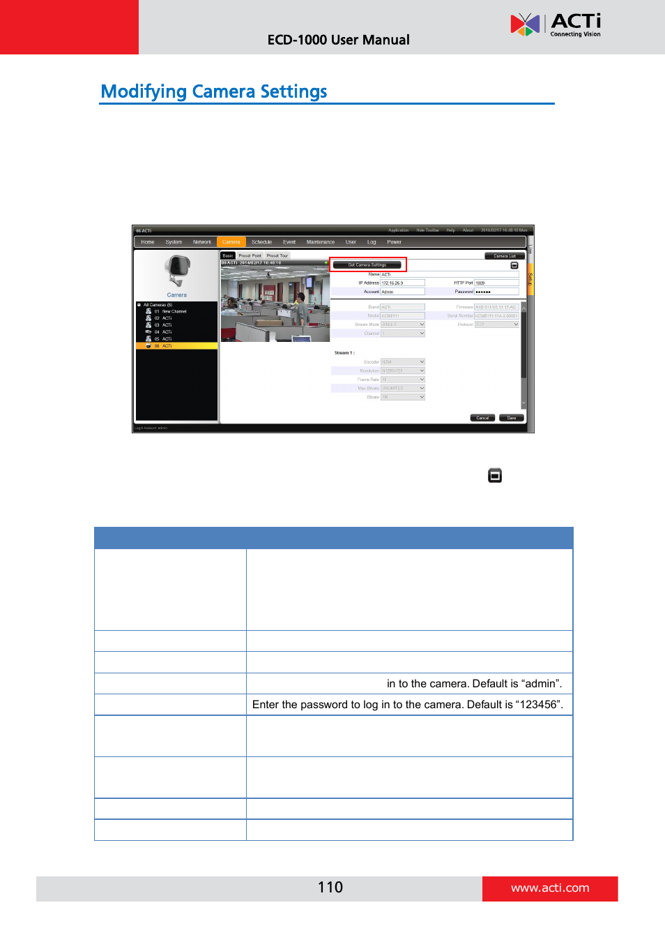 Modifying camera settings | ACTi ECD-1000 User Manual | Page 110 / 135