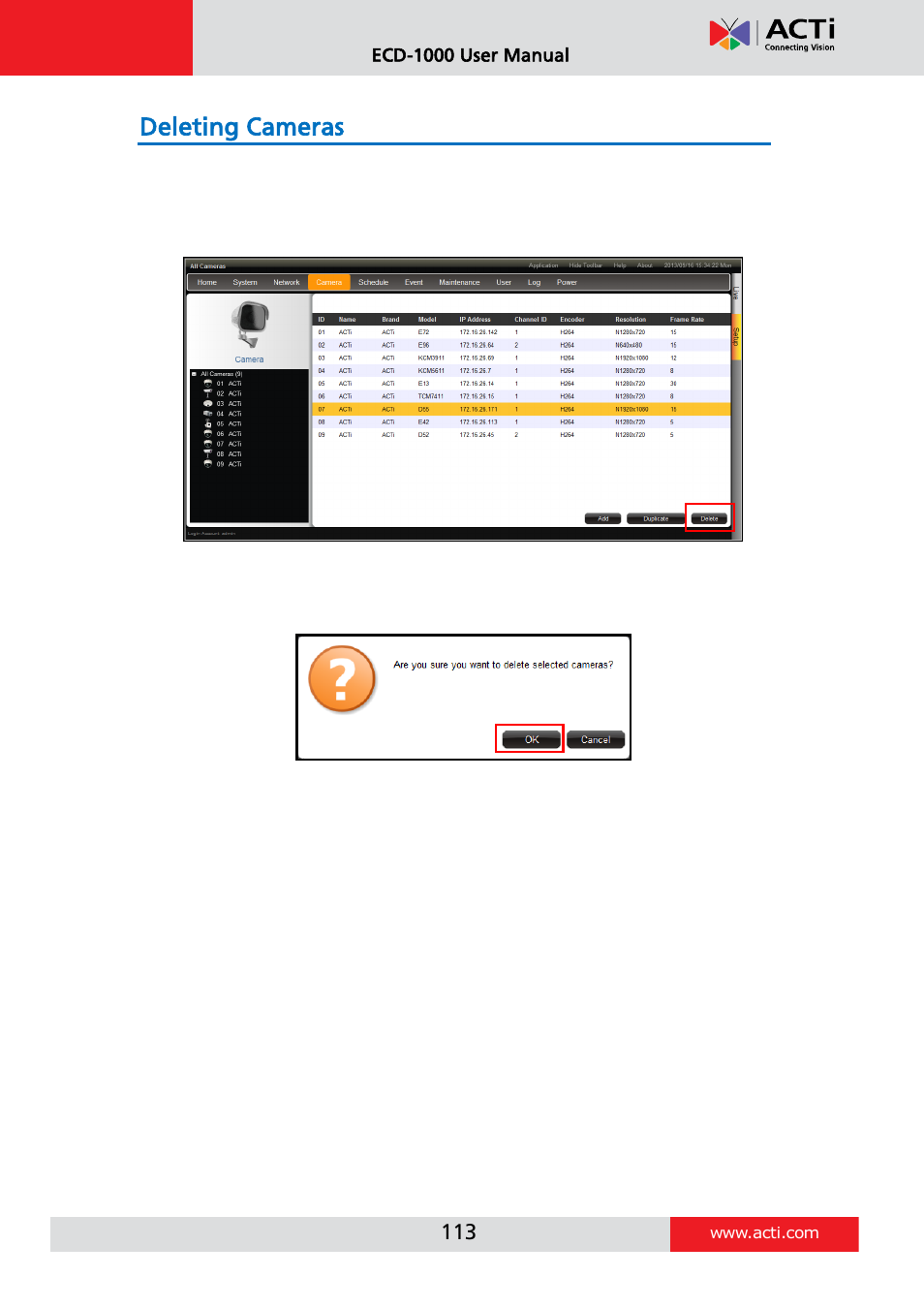 Deleting cameras | ACTi ECD-1000 User Manual | Page 113 / 135