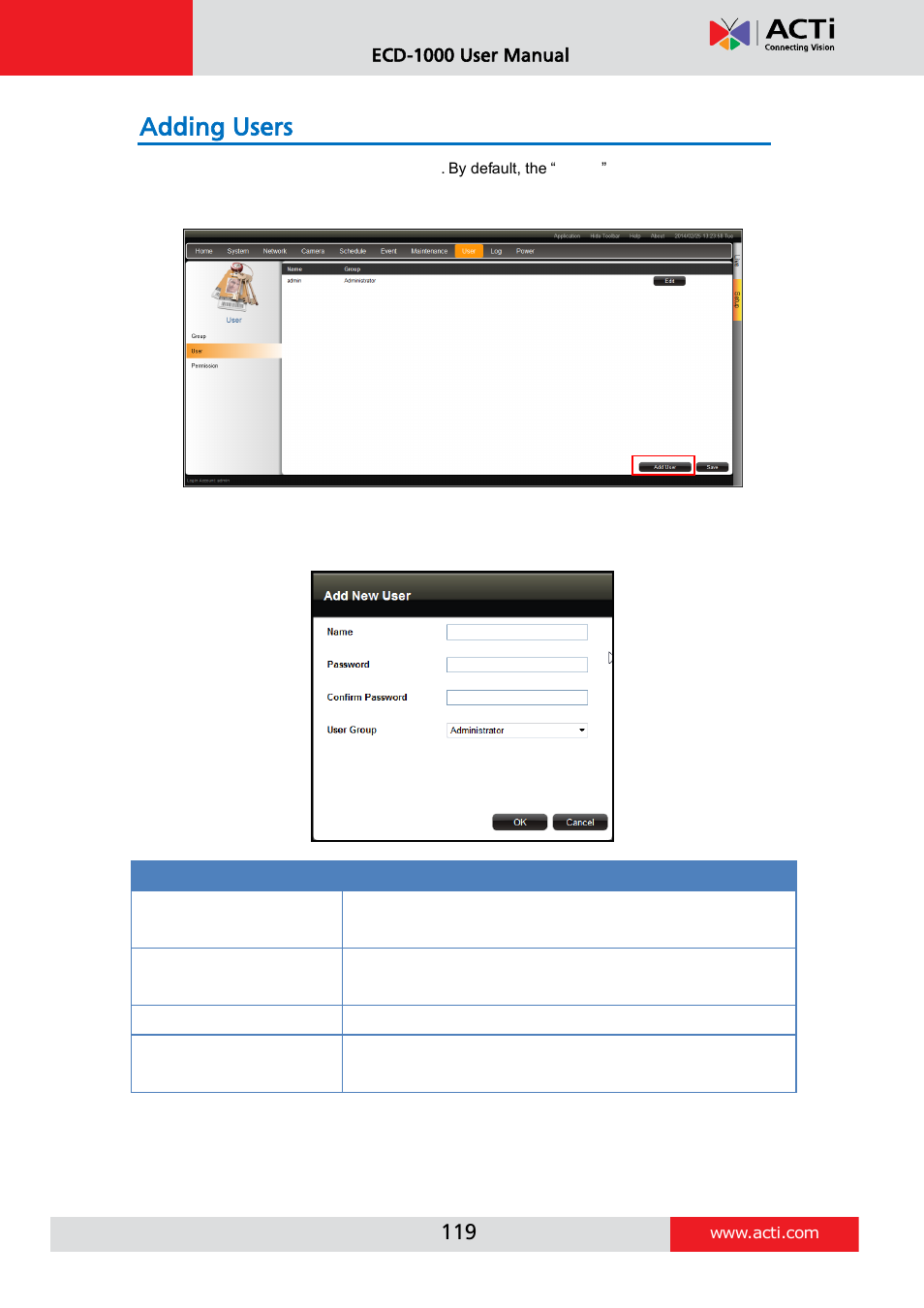 Adding users, E 118 | ACTi ECD-1000 User Manual | Page 119 / 135
