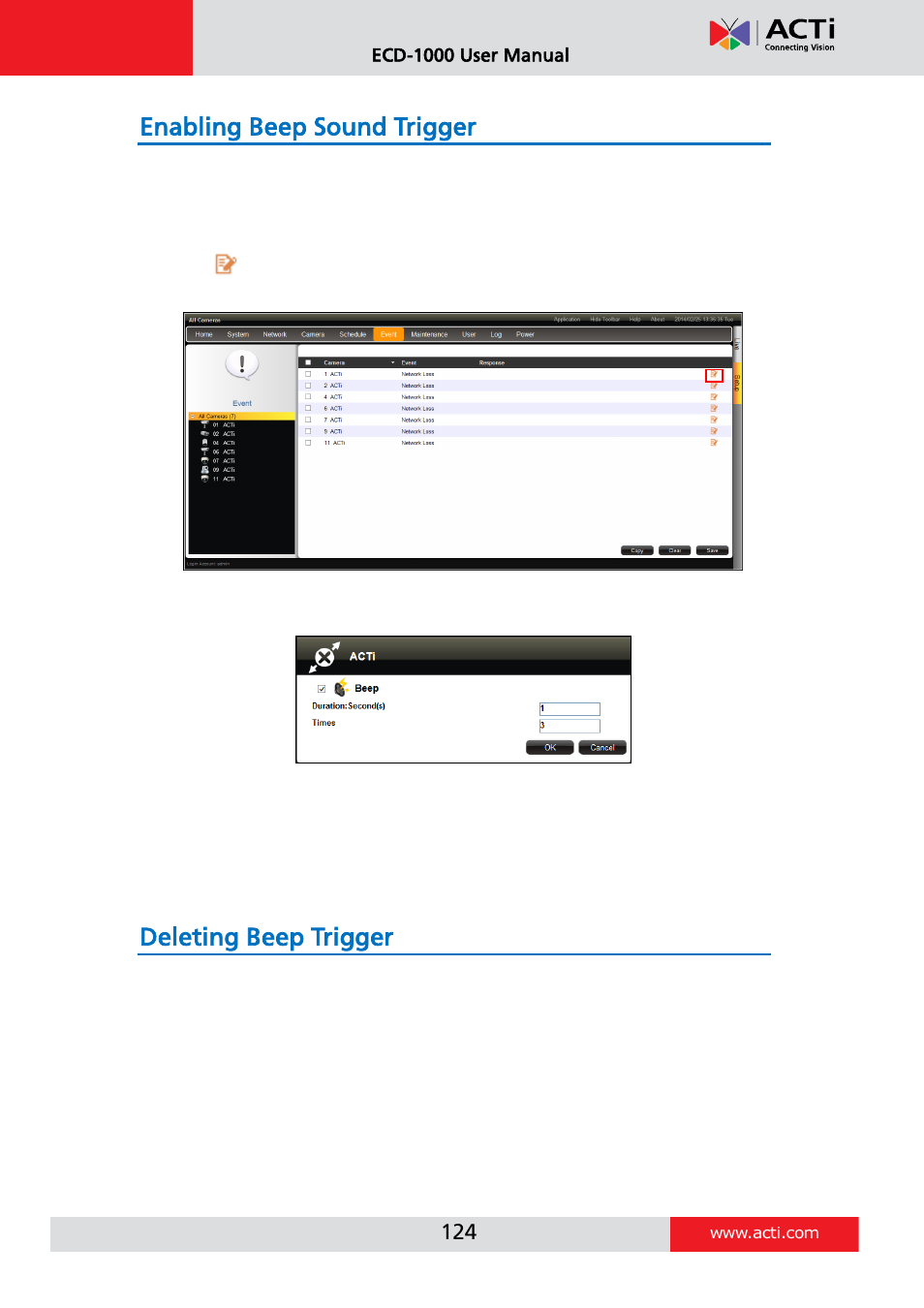 Enabling beep sound trigger, Deleting beep trigger | ACTi ECD-1000 User Manual | Page 124 / 135