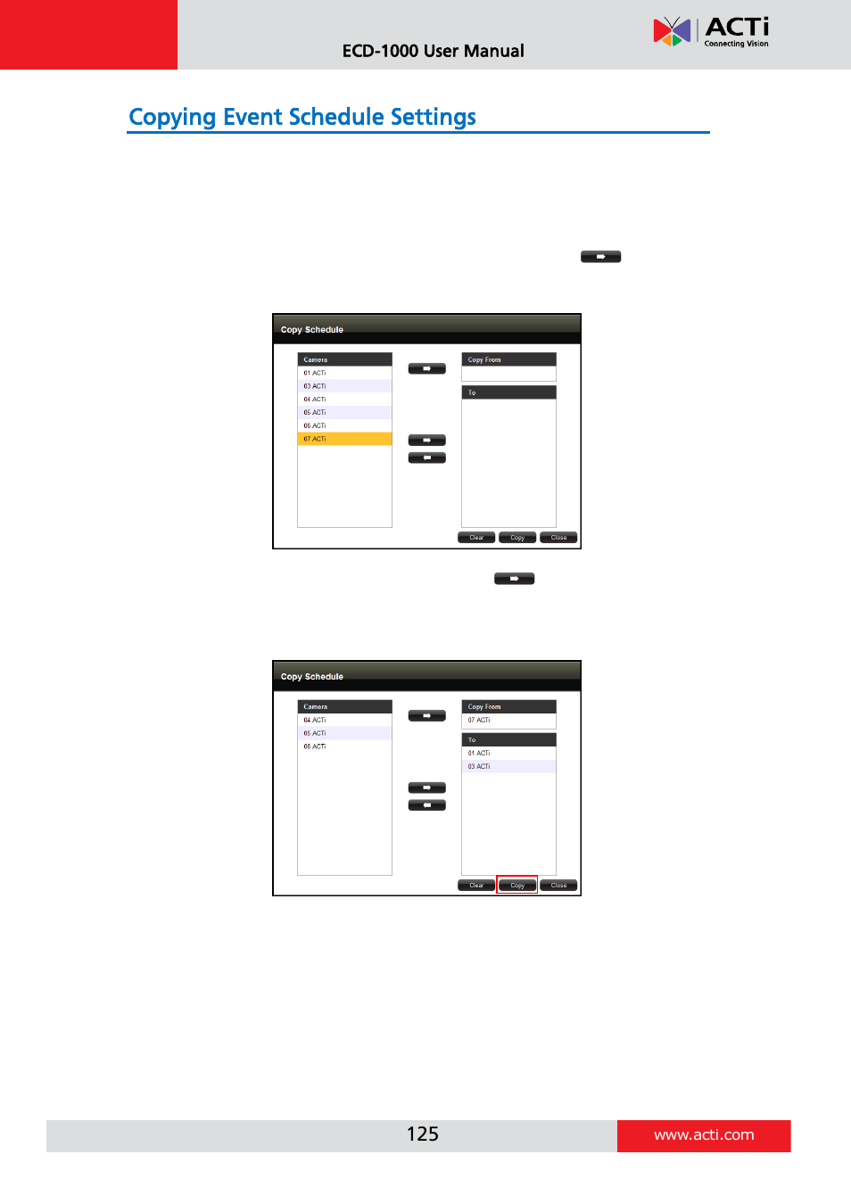 Copying event schedule settings, E 124 | ACTi ECD-1000 User Manual | Page 125 / 135