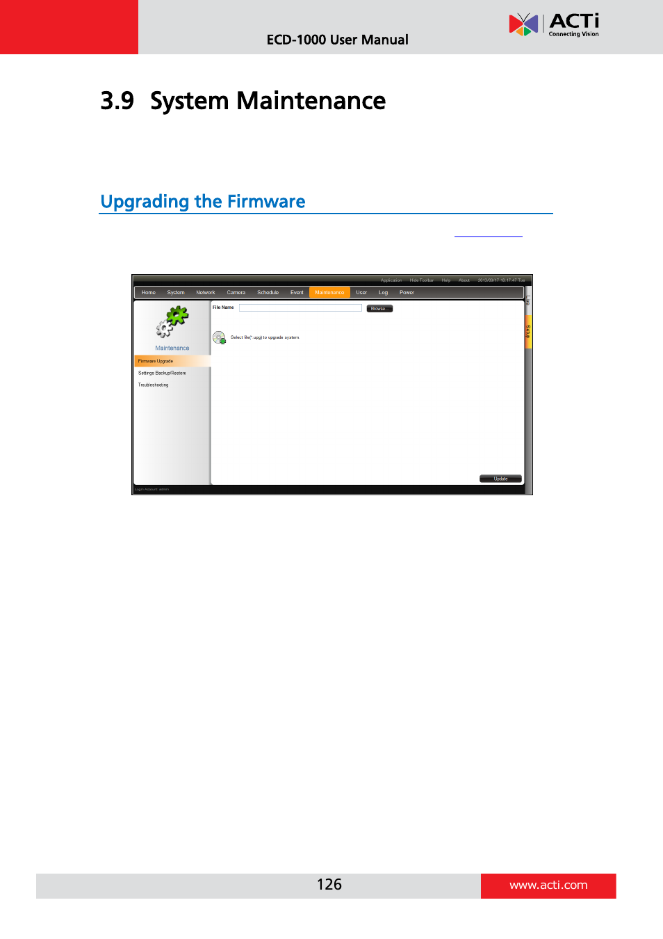 System maintenance, Upgrading the firmware, 9 system maintenance | ACTi ECD-1000 User Manual | Page 126 / 135