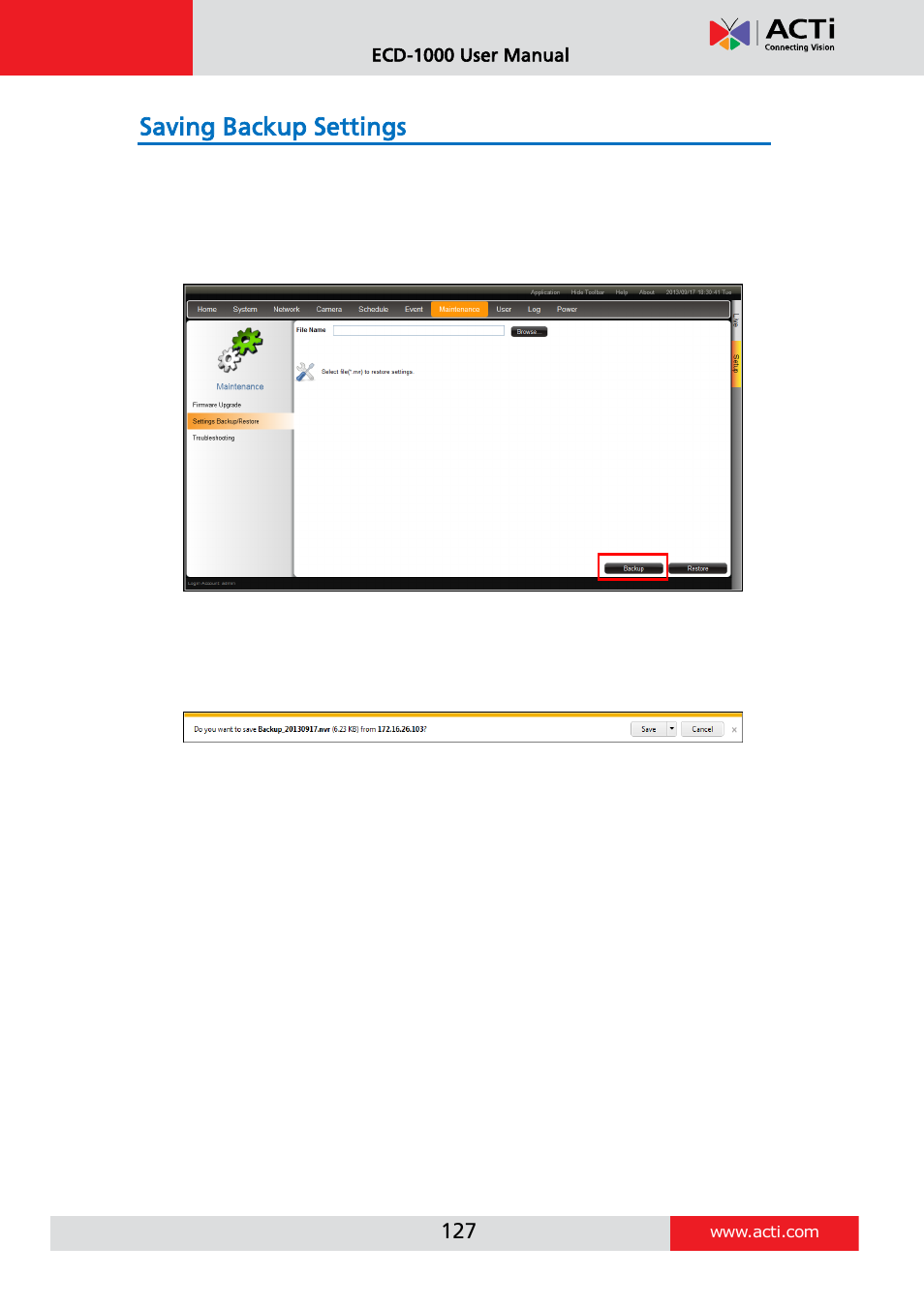 Saving backup settings | ACTi ECD-1000 User Manual | Page 127 / 135