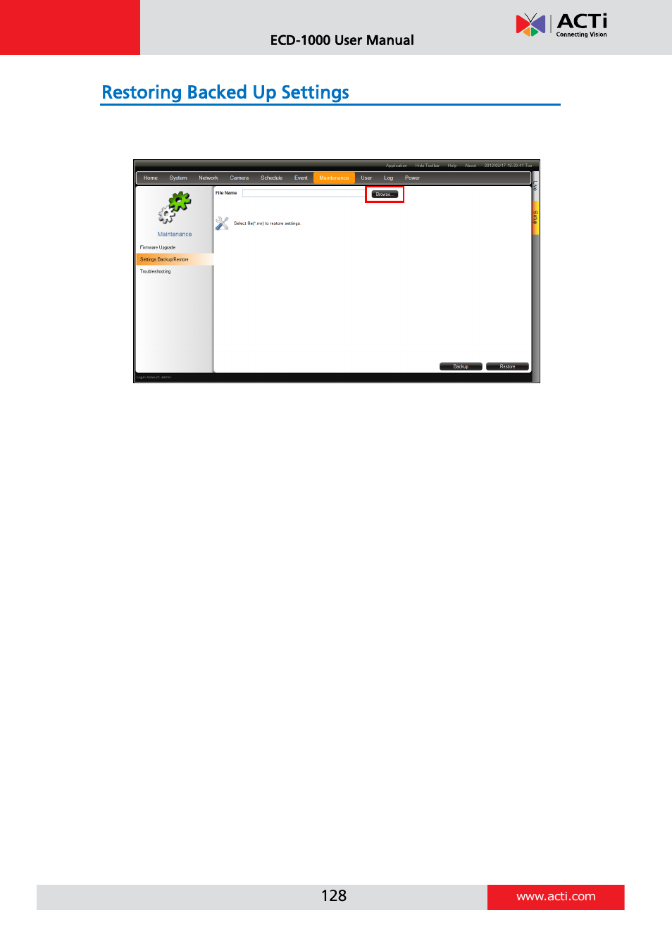 Restoring backed up settings | ACTi ECD-1000 User Manual | Page 128 / 135