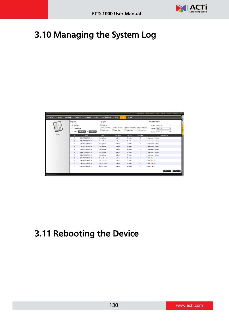 10 managing the system log, 11 rebooting the device | ACTi ECD-1000 User Manual | Page 130 / 135