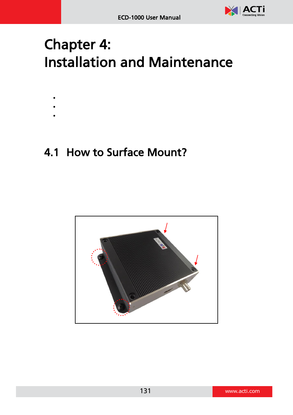 Chapter 4: installation and maintenance, How to surface mount, 1 how to surface mount | ACTi ECD-1000 User Manual | Page 131 / 135