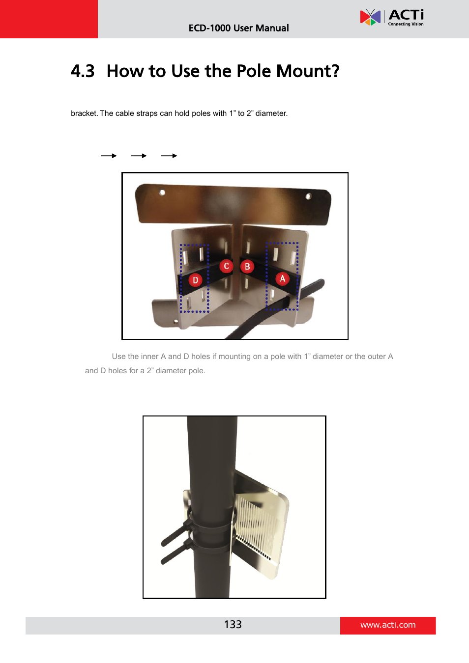 How to use the pole mount, 3 how to use the pole mount | ACTi ECD-1000 User Manual | Page 133 / 135
