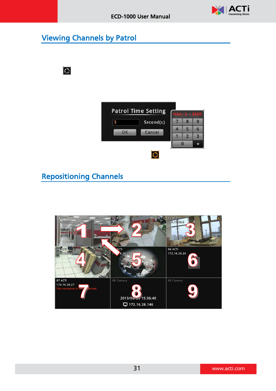 Viewing channels by patrol, Repositioning channels, E 31 | ACTi ECD-1000 User Manual | Page 31 / 135
