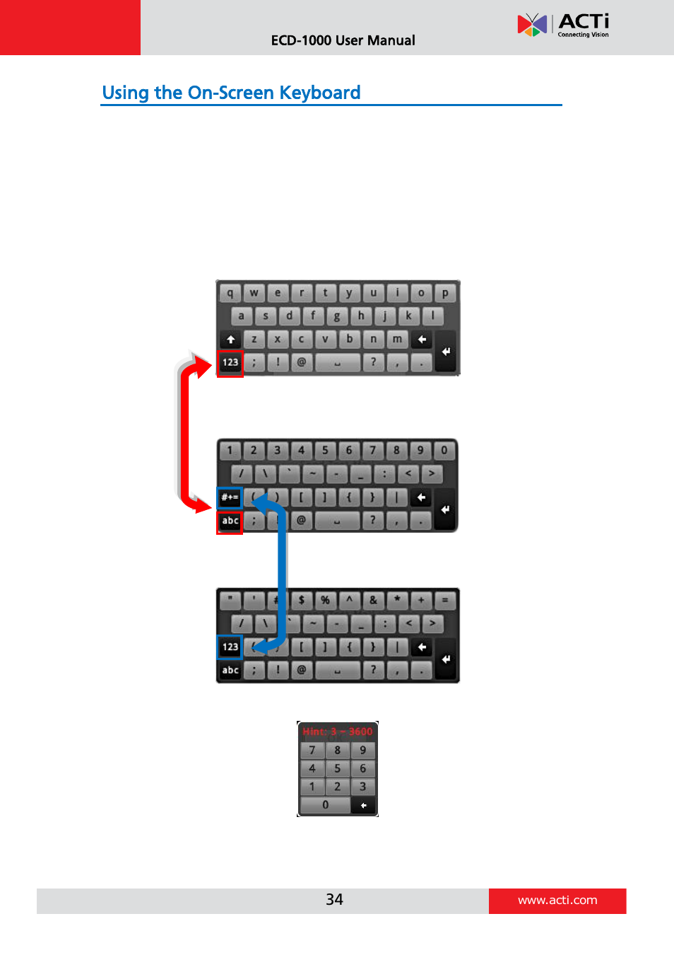 Using the on-screen keyboard, Using the on-screen, Keyboard | E 34, Using the, On-screen keyboard, E 34) | ACTi ECD-1000 User Manual | Page 34 / 135