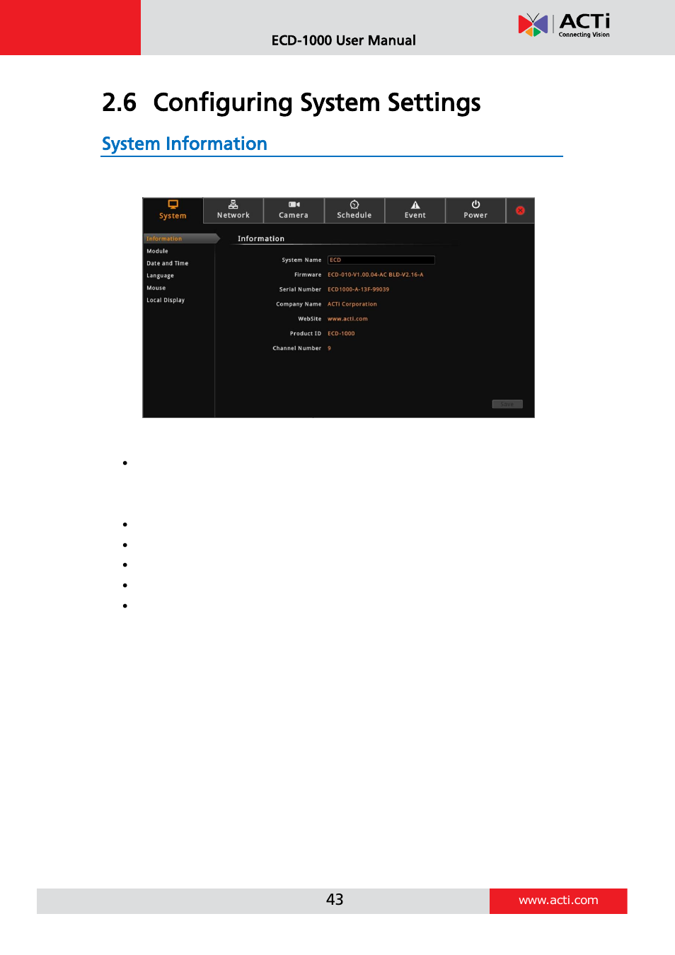 Configuring system settings, System information, 6 configuring system settings | ACTi ECD-1000 User Manual | Page 43 / 135