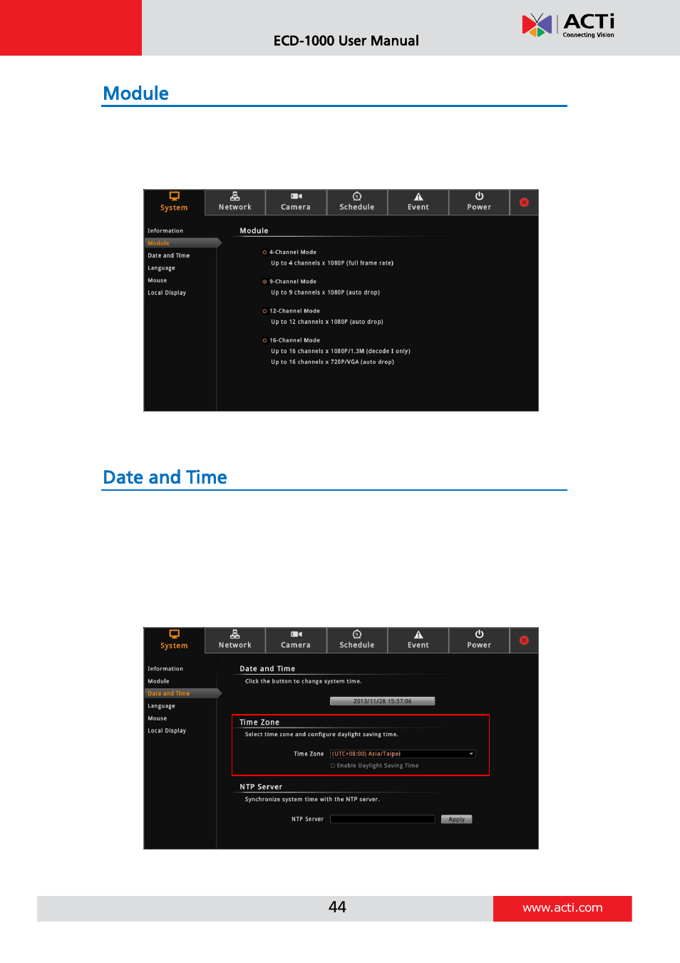 Module, Date and time, Automatically set the date and time | ACTi ECD-1000 User Manual | Page 44 / 135