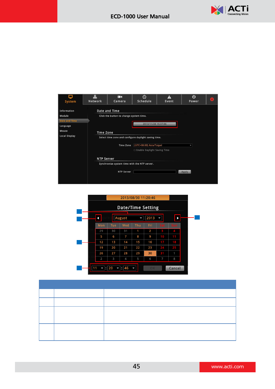 Manually change the date and time, Ecd-1000 user manual | ACTi ECD-1000 User Manual | Page 45 / 135